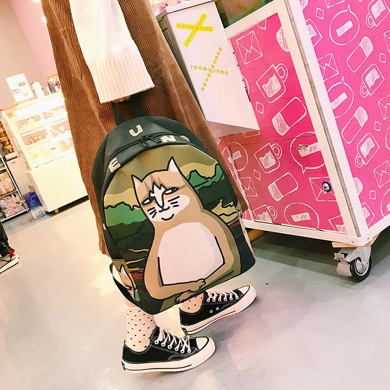 Menghuo Lovely Cat Printing Backpack Women Canvas Backpack School Bags for Teenagers Ladies Casual Cute Rucksack Bookbags (26)