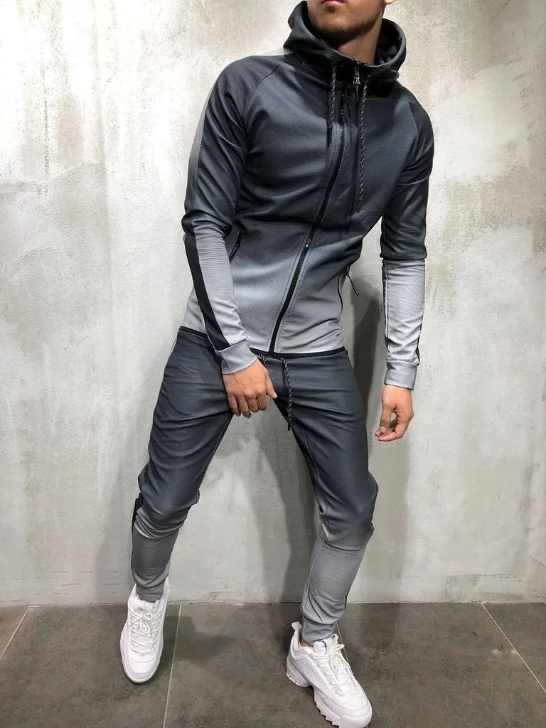 ZOGAA мужской спортивный костюм, комплект из 2 предметов, 3D градиентный цвет, повседневные толстовки, Толстовка и штаны, спортивная одежда для бега, мужские комплекты - Цвет: Серый
