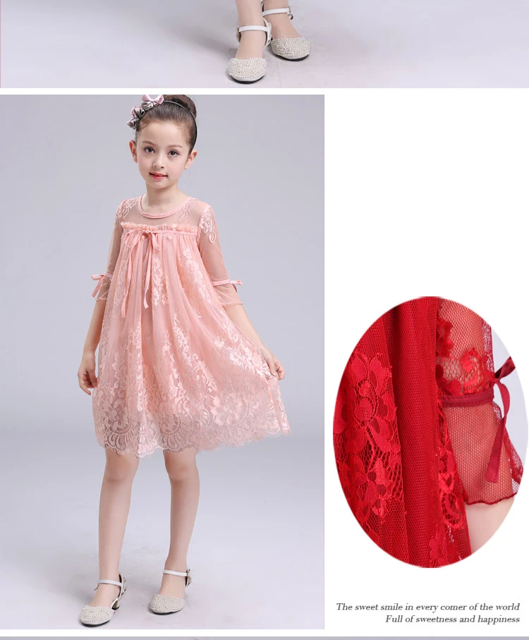 Детское кружевное платье принцессы для девочек Новинка, лето-осень, детское розовое/красное платье со средним рукавом с цветочным рисунком для свадебной вечеринки детская одежда