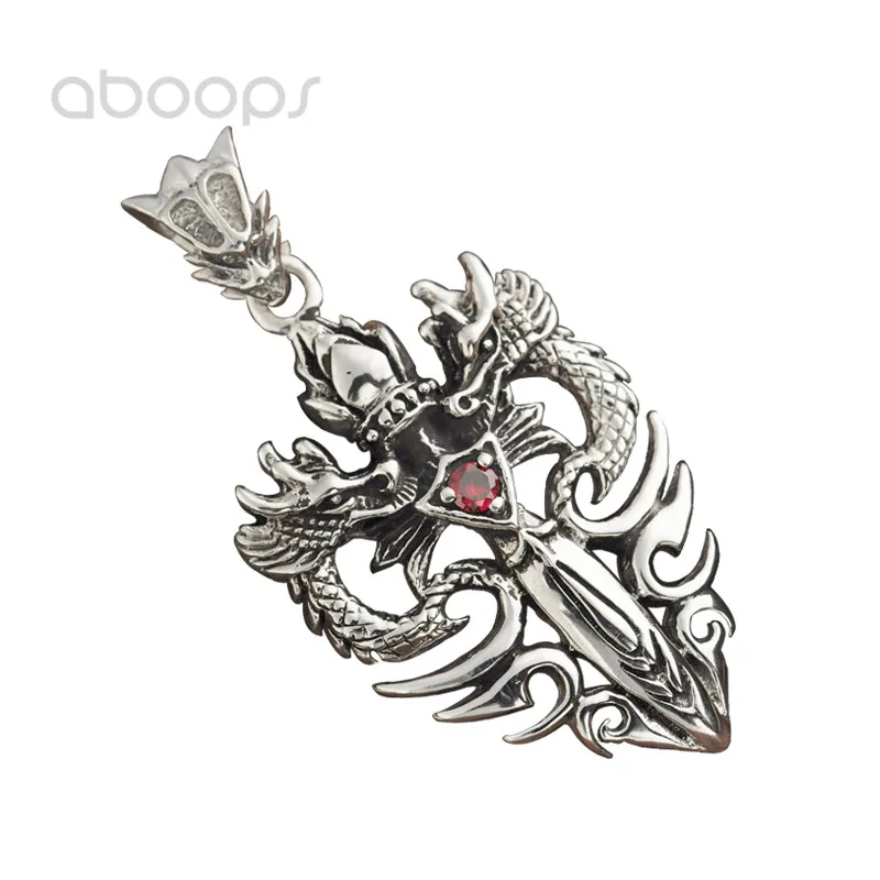 

Punk Black 925 Sterling Silver Double Dragon Angel and Demon Sword Necklace Pendant for Men Free Shipping