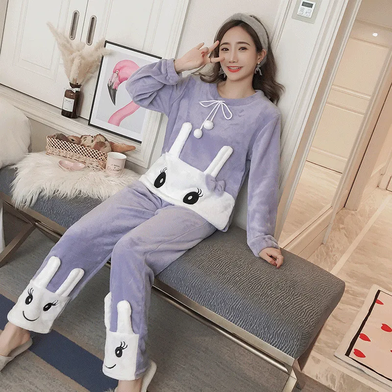 JULY'S SONG осень зима Фланелевые женские пижамы наборы розовый милый кролик мультфильм толстые теплые пижамы животных домашняя одежда