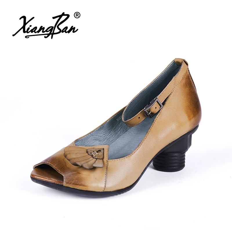 

2019 spring summer fashion women leather shoes ankle strap women pumps peep toe thick heel ladies shoes Apricot