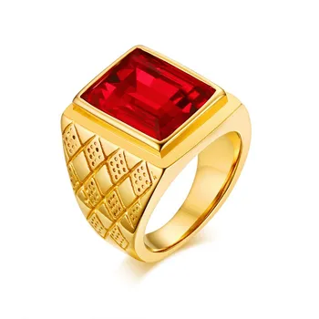 

Men Rings Gold-color Square Cut Red CZ Rhinestone Ring Stainless Steel Wedding Engagement Bands Fashion Jewelry anel masculino