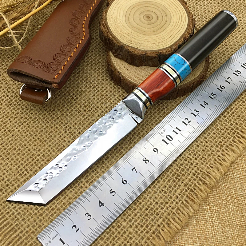 

Best tanto hunting knife tactical survival knives VG10 blade classic Japan Katana fruit turquoise ebony handle hx Leather sheath