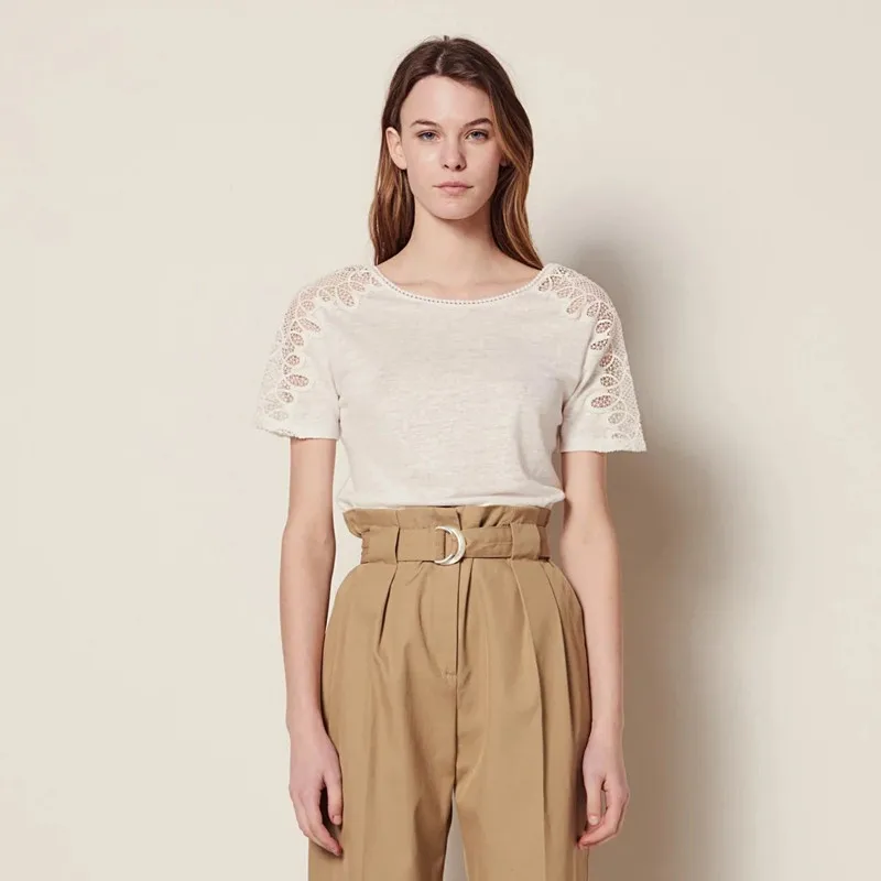 

2019 New Women Linen T-shirt Short Sleeve Lace Hollow Out T Shirt White /Black For Summer