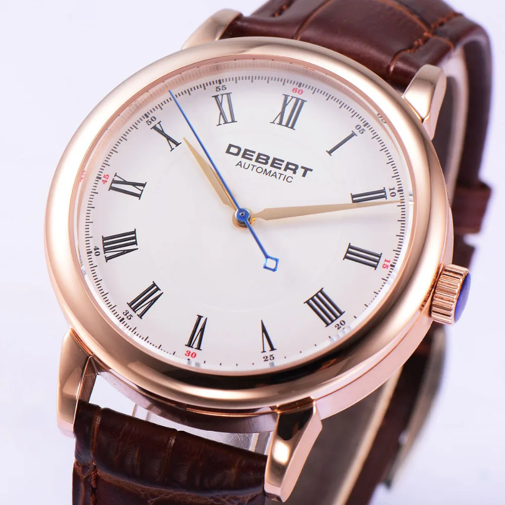 

Sapphire Glass 40mm Debert reloj hombre 2018 White Dial Rosegold Case Leather Strap Automatic Men Watch
