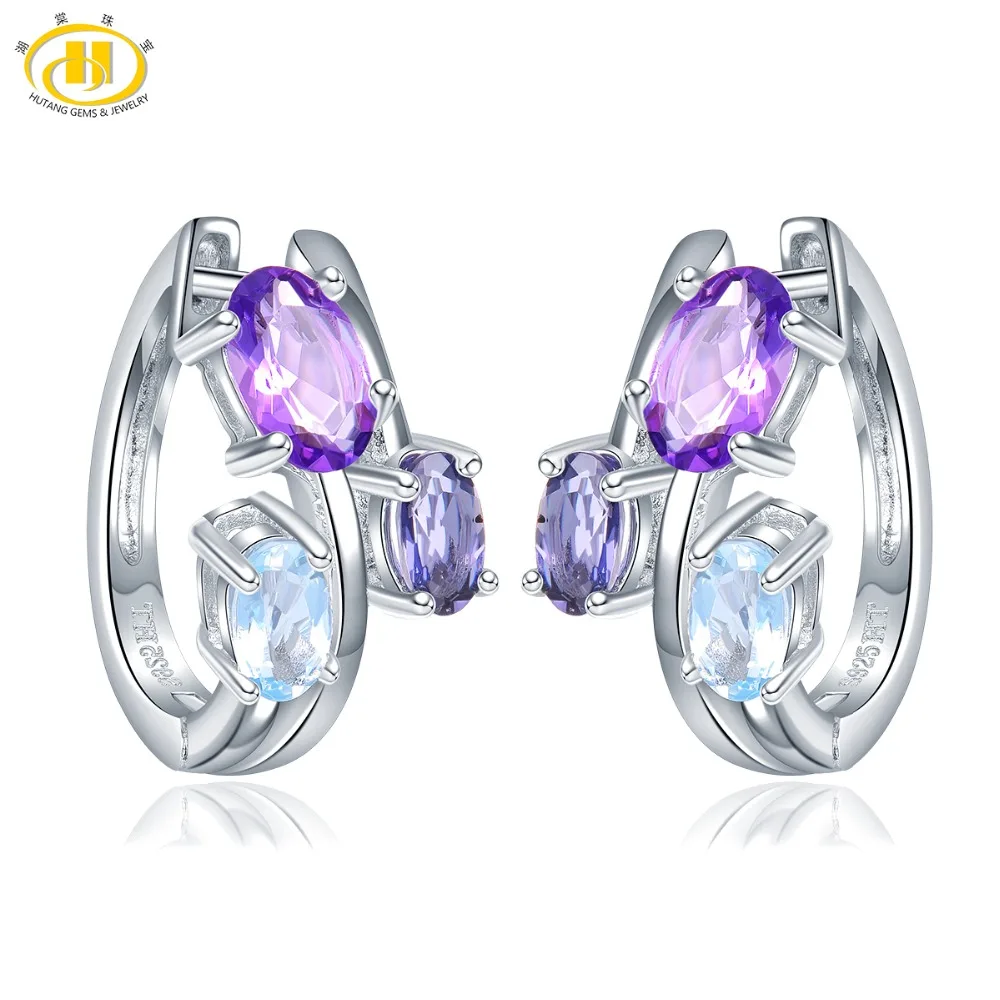 

Hutang Multi Gemstone Hoop Earrings Natural Aquamarine Amethyst Iolite 925 Sterling Silver Fine Jewerly for Women Best Gift New