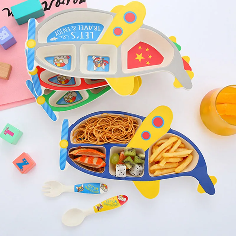Bamboo Fiber Children's Plate Aircraft Shape Grid Bowl Eating Fork Spoon Set Baby Feeding Tableware Set