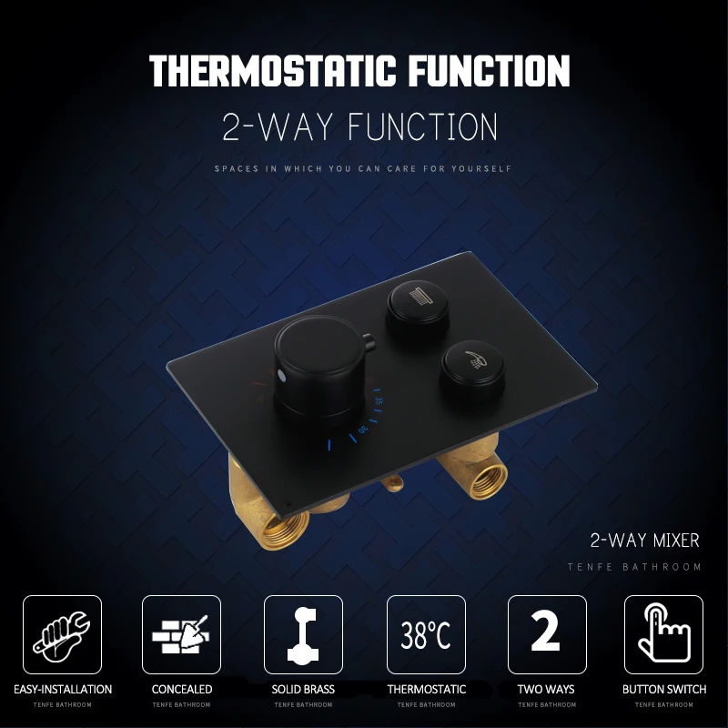 Quyanre матовый черный термостатический Смесители Латунь Дождь Душ термостатический 2 кнопки переключения клапан скрытого смеситель для душа