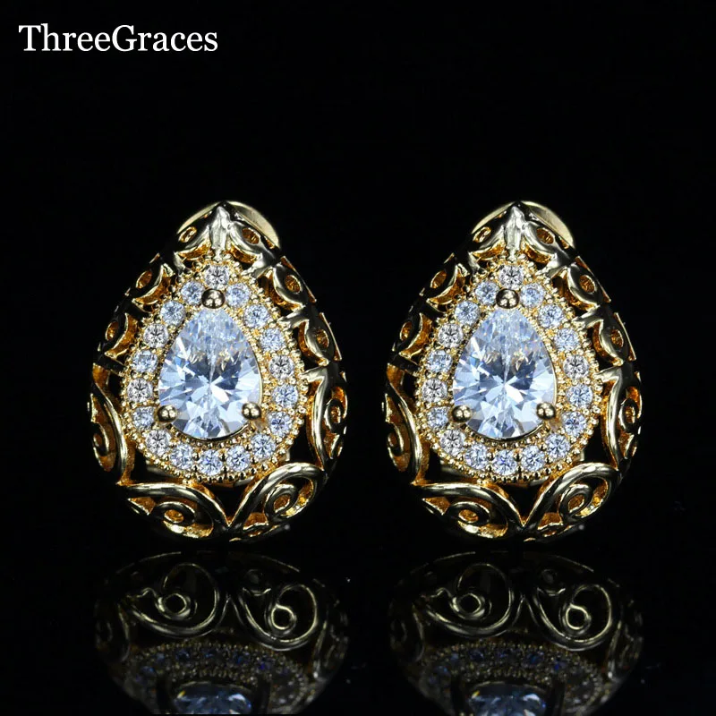 

ThreeGraces Bridal Wedding Jewelry Clear White Cubic Zirconia Stone Waterdrop Vintage Gold Color Stud Earrings For Women ER270