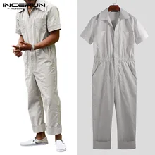 INCERUN Модные мужские комбинезоны, рабочая одежда с короткими рукавами и карманами, однотонные штаны, свободные уличные повседневные мужские штаны от комбинезона
