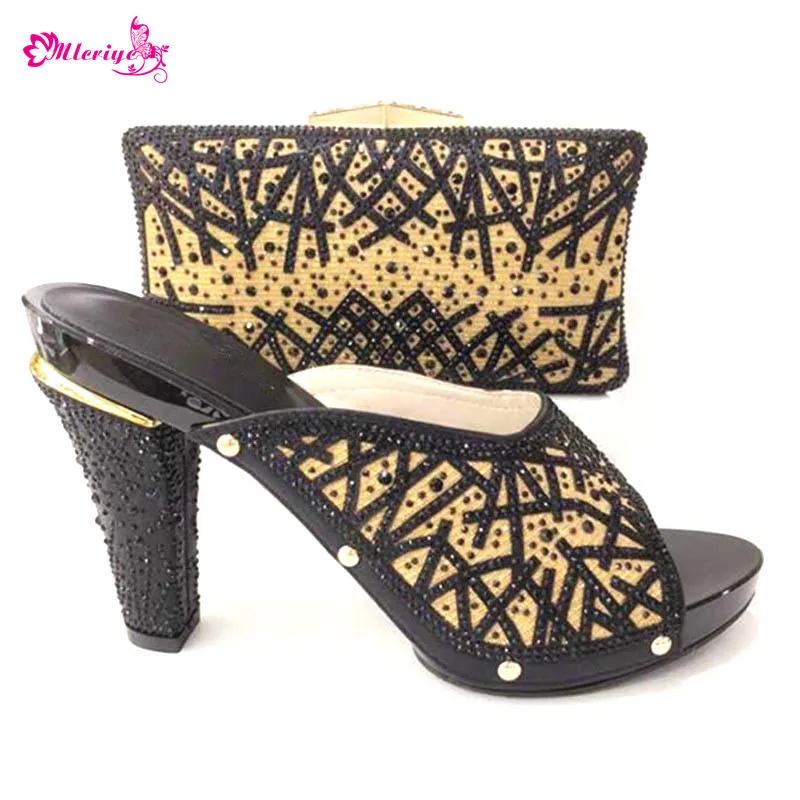 

Black Color Matching Shoes and Bag Set Decorated with Rhinestone African Women Italian Shoes and Bag Set for Wedding Italy Shoes