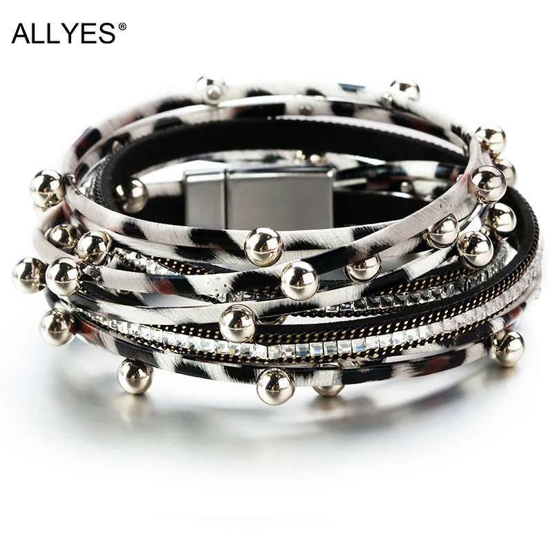 

ALLYES Zebra Print Leather Bracelets for Women 2019 Crystal Metal Beads Charm Multilayer Bohemian Wrap Bracelet Female Jewelry