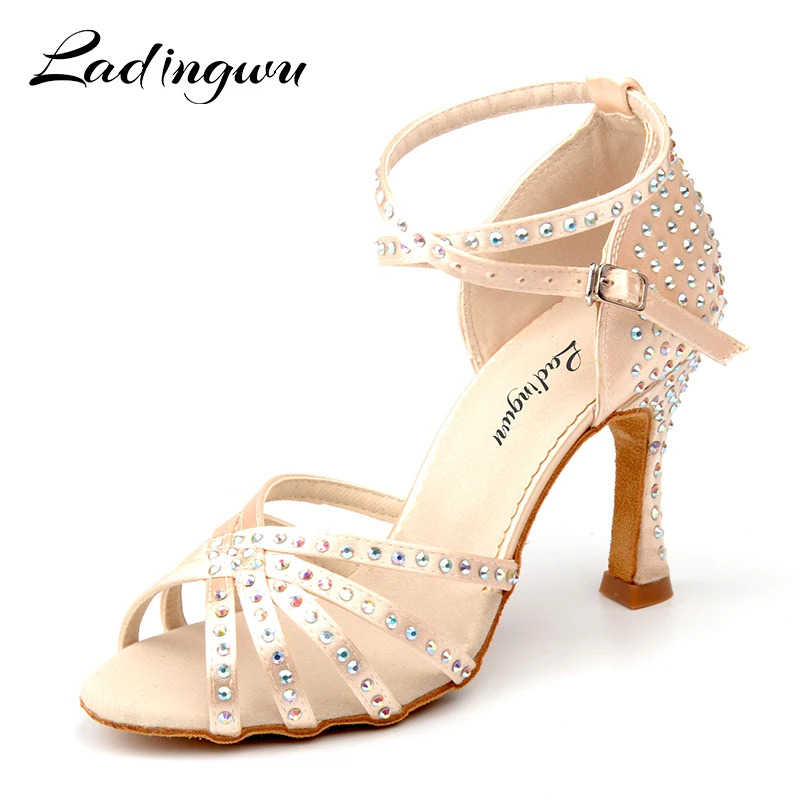 Ladingwu New Satin Latin Dance Shoes Women Salsa Rhinestone Shoes Dance For Woman Ballroom Dancing Shoes Beige Apricot Brown