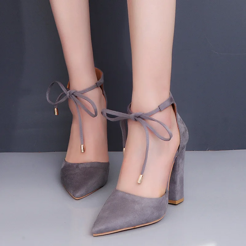 Г. весенние женские замшевые туфли на высоком каблуке женские сандалии женские Вечерние Босоножки на каблуке со шнуровкой Большие размеры 41, 42, 43, туфли-лодочки - Цвет: Gray