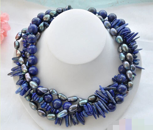 

huij 001653 4row black rice pearl blue lapis lazuli necklace