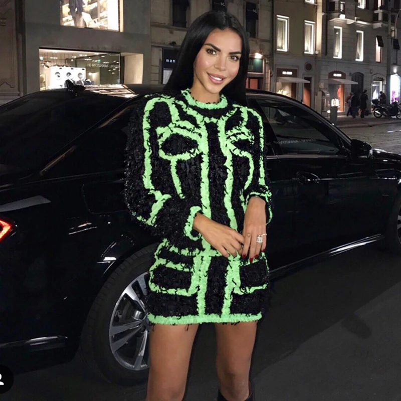 

HIGH QUALITY Newest Fall Winter Runway 2019 Designer Dress Women's Long Sleeve Color Block Tassel Dress