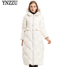 Бренд, зимний женский пуховик, элегантный, белый, длинный, стильный, утиный пух, пальто, высокое качество, толстая, теплая, с капюшоном, Женская куртка AO619