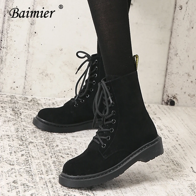 Baimier Winter Black Patent Leather Women Boots Fashion Round Toe Lace Up Ankle Boots For Women Warm Plush Women Winter Boots