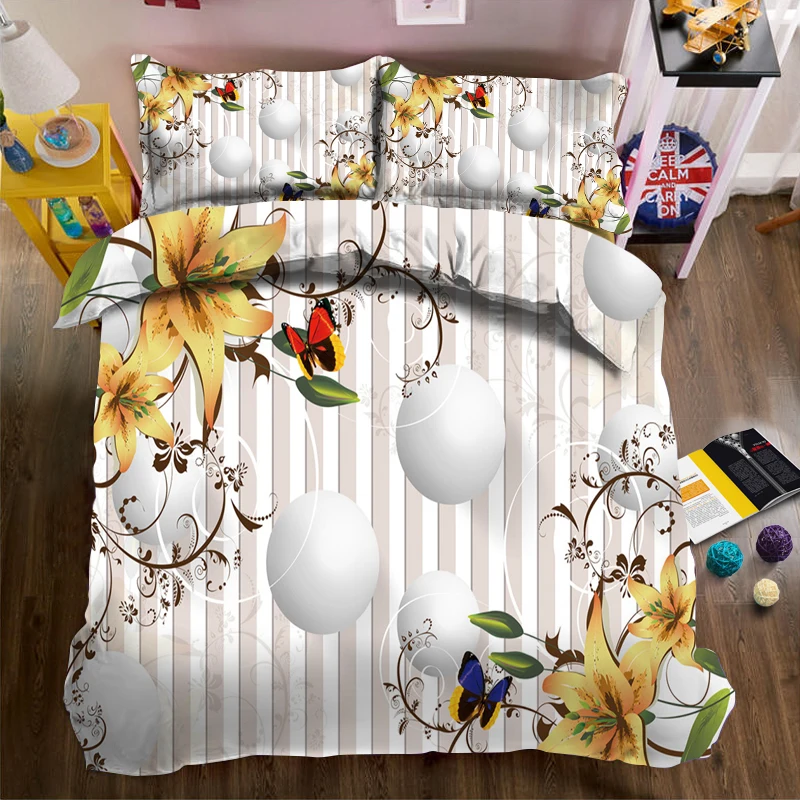 

Stripe pattern on yellow flowers and white spheres 3d effect photo bed linen can be customized photo pattern
