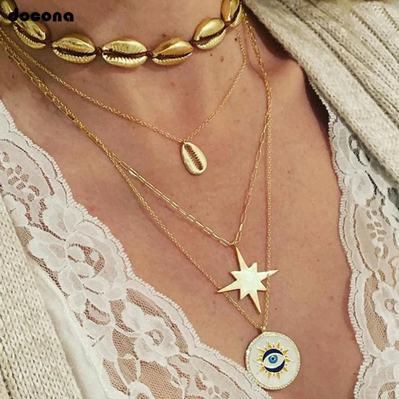 

docona Summer Beach Color Shell Star Eye Layered Necklace for Women Metal Geometric Conch Pendant Necklace Collares 7108
