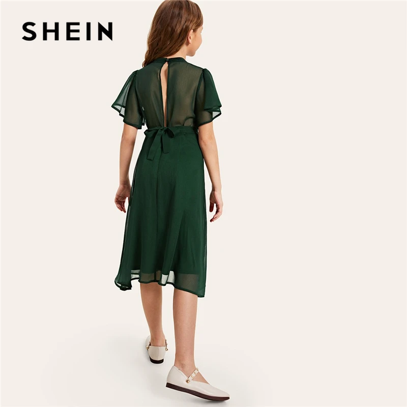 

SHEIN Kiddie Girls Green Solid Split Back Belted Party Dress 2019 Summer Butterfly Sleeve Sheer Cute Flared Dresses For Kids