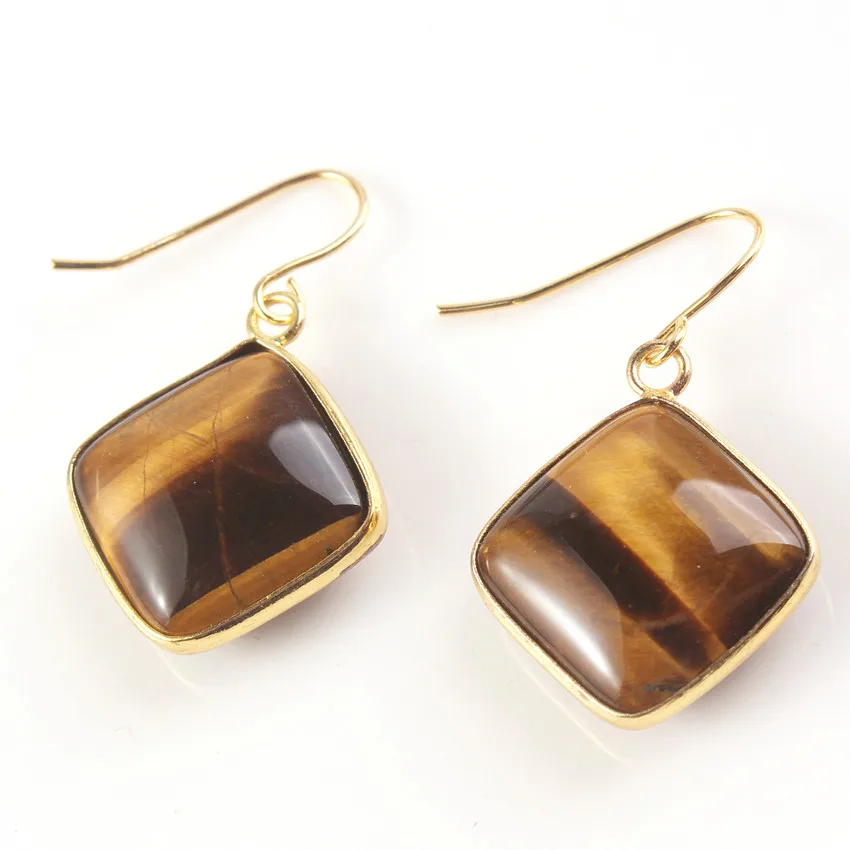 

FYJS Unique Light Yellow Gold Color Square Shape Cabochon Earrings with Natural Tiger Eye Stone Jewelry