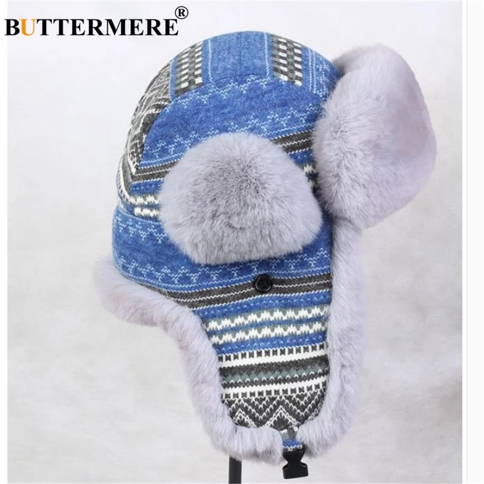 

BUTTERMERE Blue Women Men Winter Bomber Hats Warm Russian Soviet Ushanka Hat Ear Flaps Windproof Outdoor Male Female Winter Hats