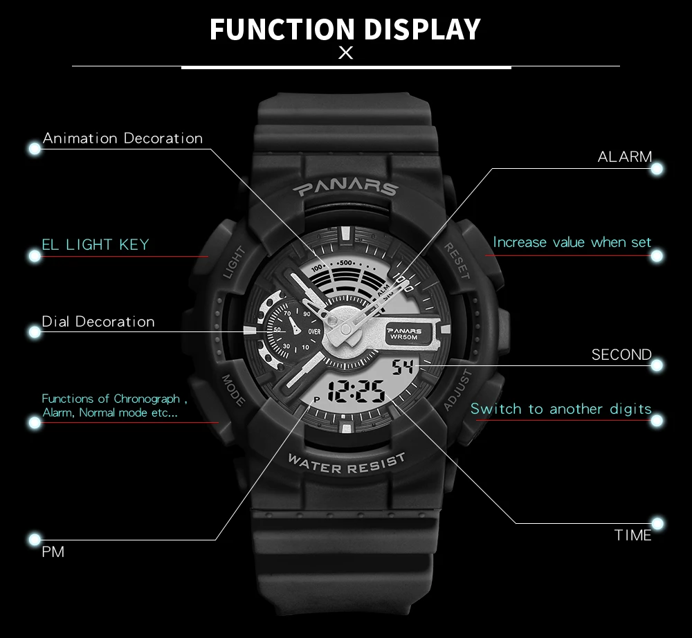 PANARS студенческие спортивные цифровые часы электронные кварцевые двухъядерный светодиодный дисплей водонепроницаемые часы мужские наручные часы мужские s женские часы