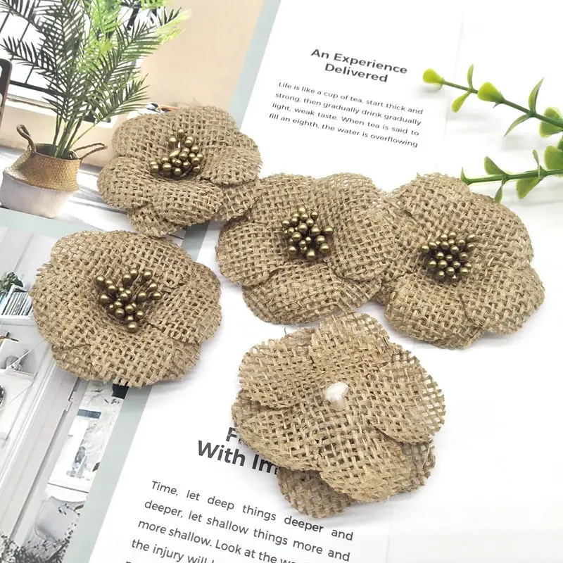 5Pcs Handmade Burlap Flowers Vintage hessian Jute Wedding Party Decoration Supplies Natural color Shabby Chic 62494 - Цвет: 2PD-62503