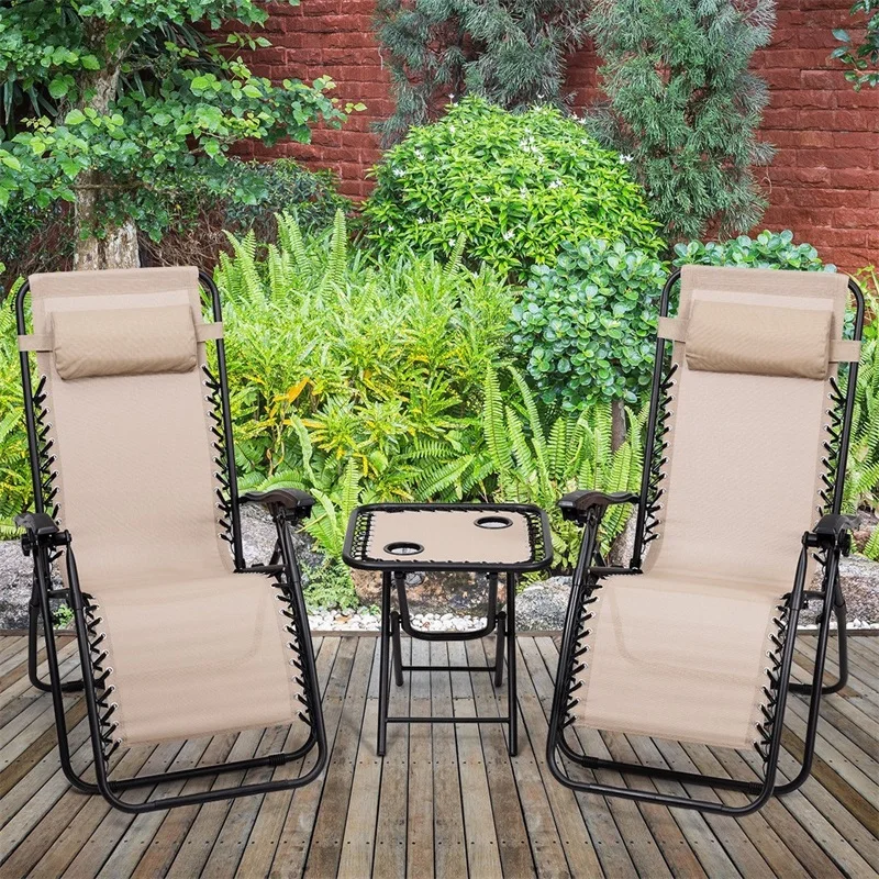 

3 pcs Folding Portable Zero Gravity Reclining Lounge Chairs Table Adjustable Back Garden Set with Folding Feature