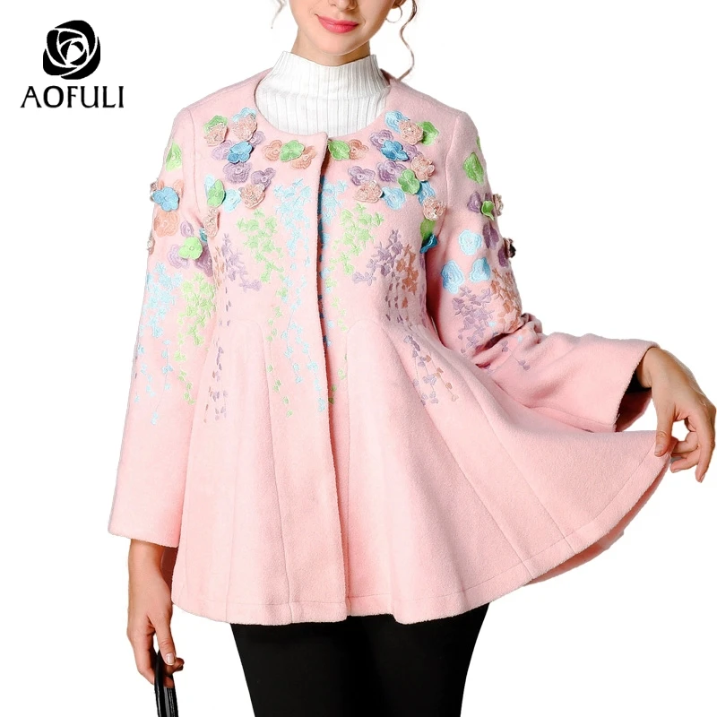 XL - 5XL 3D Flower Embroidery Big Size Wool Coat Sequined 2017 Autumn Winter Long Sleeve Woolen Coat Pink Warm Overcoat 6091