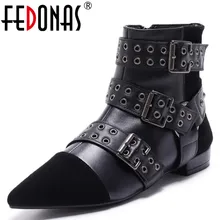 FEDONAS Top Quality Women Genuine Leather font b Kid b font Suede Buckle Rivets Winter Warm