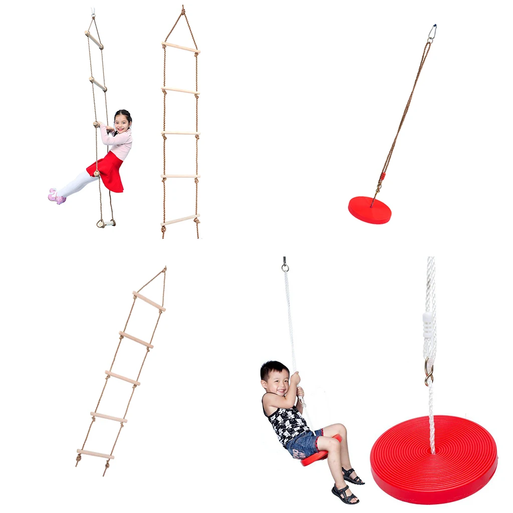 Red Heavy Duty Disc Rope Swing + Climbing Ladder for Kids Outdoor Backyard Playground Play