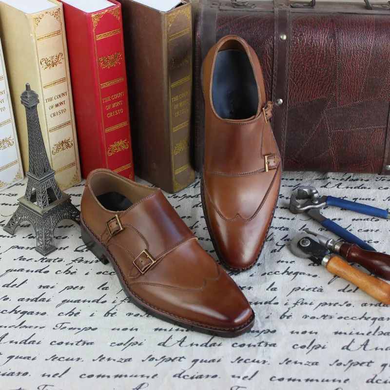 

SKP170 Italia Goodyear Craft Genuine Calf Leather Men's Monk Straps Hand Made Shoes  brown  Color - Dropshipping Low Price