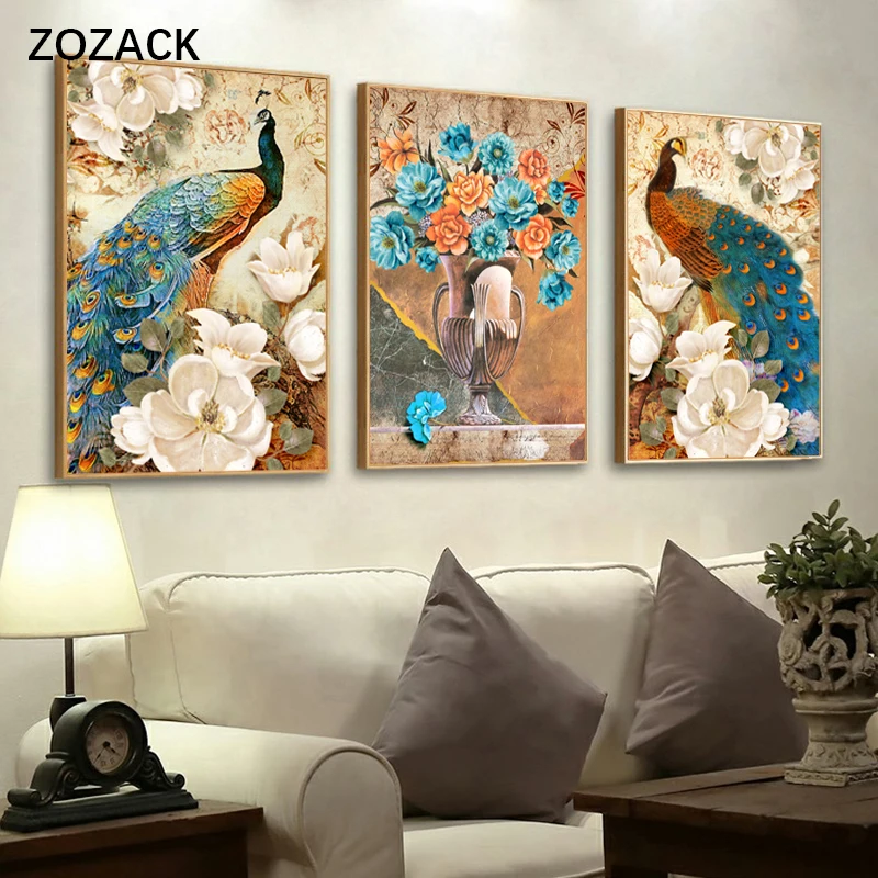 

Needlework DIY DMC Animal peacock-triptych cross stitch Printed patterns Flower Sets For Embroidery cross-stitch kits Home Decor