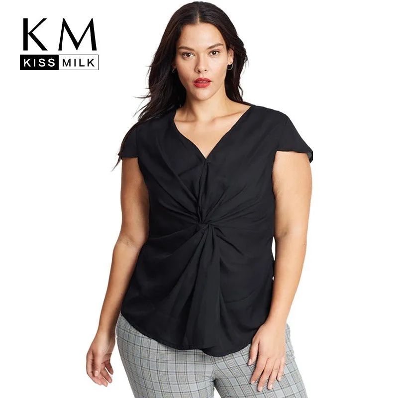 

Kissmilk Plus Size Women Dresses Fashion Simple Commute OL Chest Flower Irregular Pleated Shirt