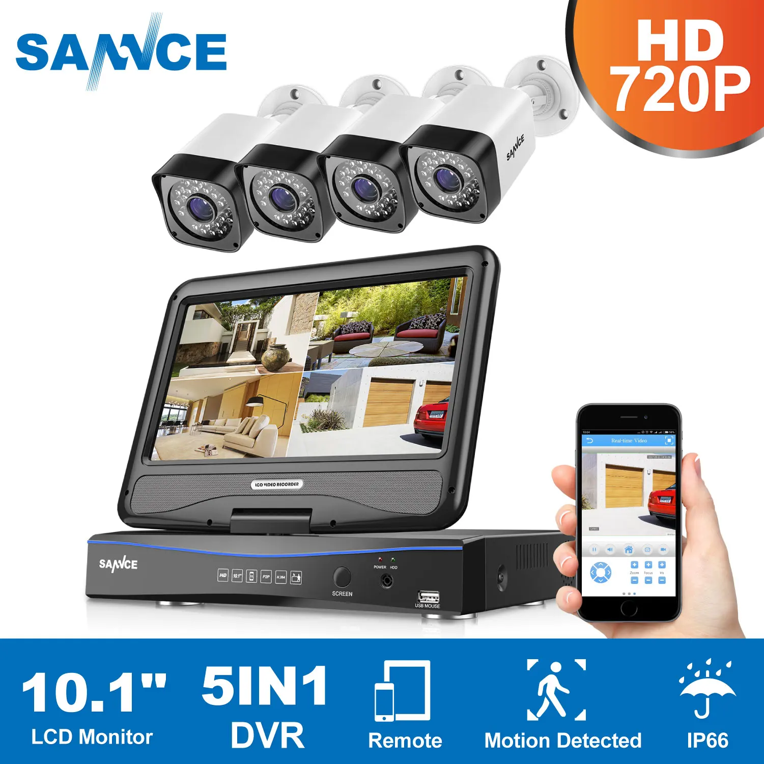 Sannce 5IN1 8CH 720 P видеорегистратор Встроенный 10.1 "ЖК-дисплей монитор 4 шт. HD 720 P 1.0MP камер видеонаблюдения cctv системы наблюдения Системы комплект
