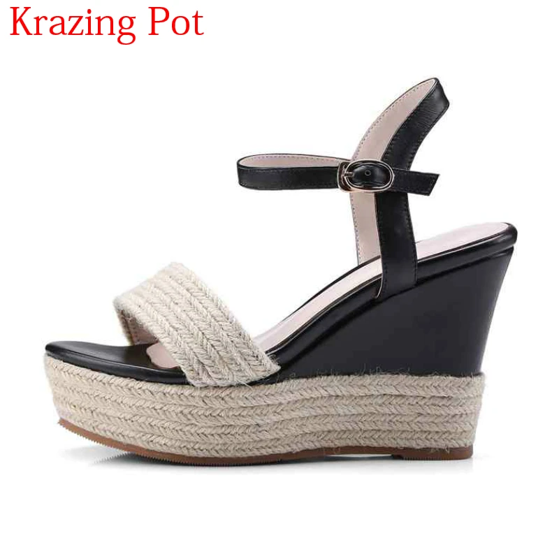 

2018 New Arrival Buckle Strap Mixed Colors Peep Toe High Heels Bottom Solid Wedges Gladiator Sweet Nightclub Woman Sandals L31