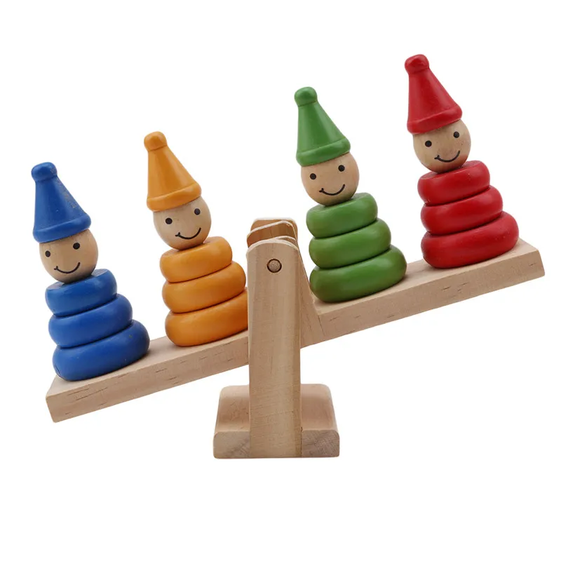 

Montessori Wooden Clown Rainbow Stacker Seesaw Balance Scale Board Balancing Game Kids Early Education Toys Children Juguete