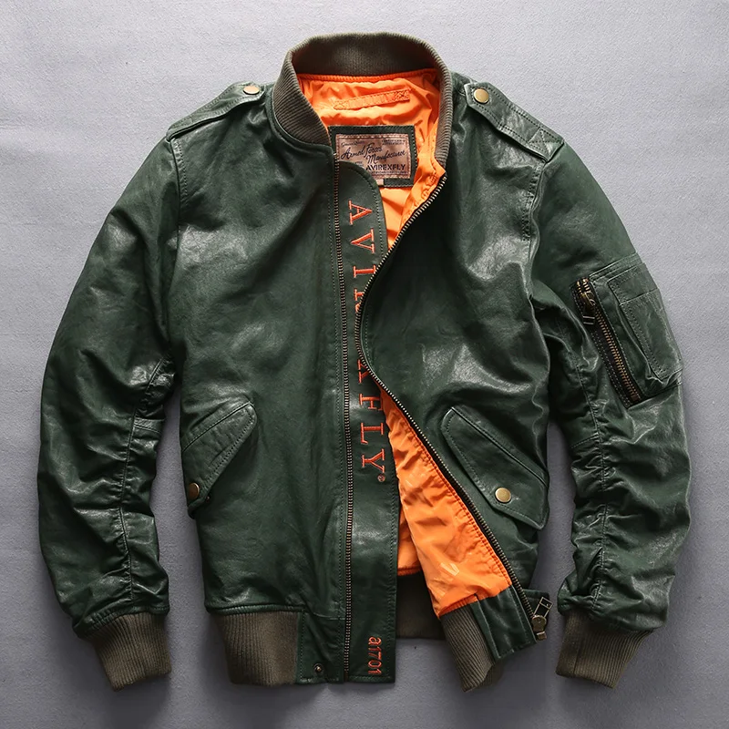 Avirex fly fashion baseball jacket men army green genuine leather flight jacket men black red bomber jacket men's pilot coat