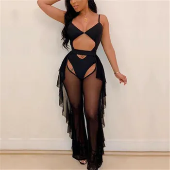 

Sexy Women's Sleeveless Playsuit New Sexy 2pcs Mesh Perspective Ruffles Jumpsuit Short Bodycon Soild Color Trousers Playsuit Hot