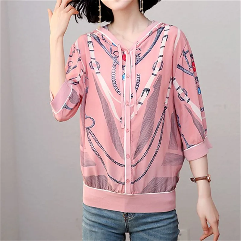 

Black Pink Printed silk coat women 2019 new women's spring/summer casual jacket loose thin style pullover jacket female shirts