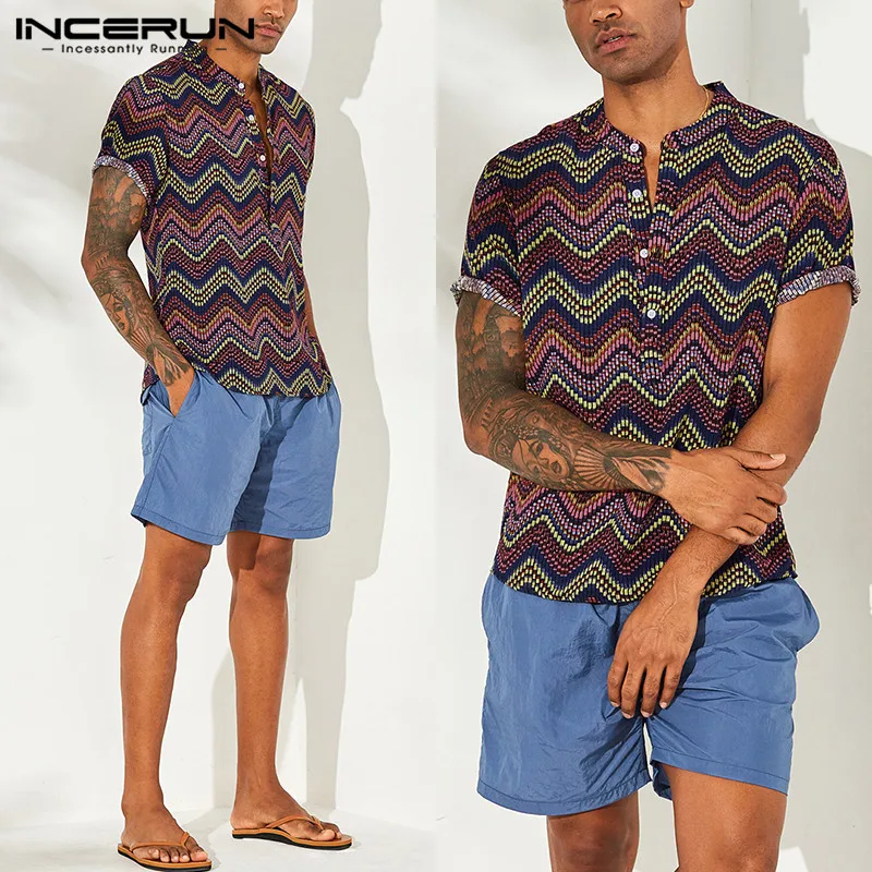

INCERUN Men's Shirts Pullover Prints New Fashion Summer Short-sleeved Button Collar Collar Loose Casual Hip-hop Streetwear Shirt