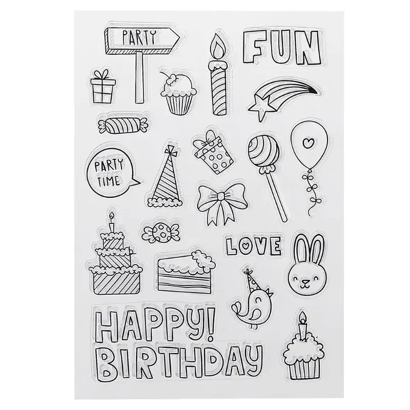

PVC Transparent Birthday Stamp Seal Cake Candle Gift Cute Patterns DIY Scrapbook Photo Album Card Decor English Letters