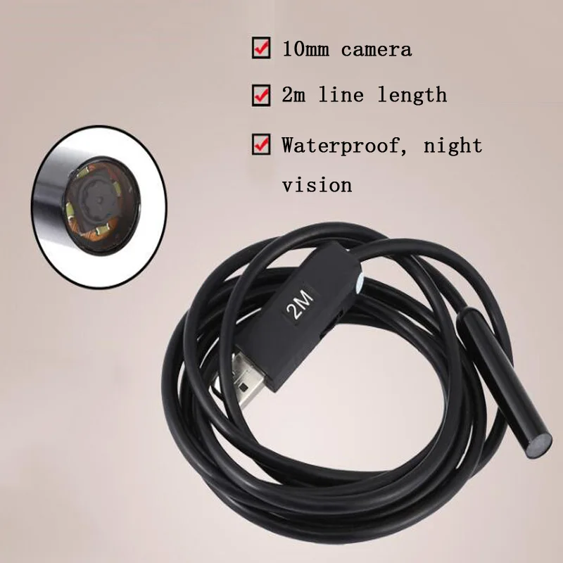 

2M 10mm Lens Hard Cable Endoscope IP66 Waterproof USB Endoscope 4 LED Pipe Inspection Camera Cord Endoscope Snake Tube