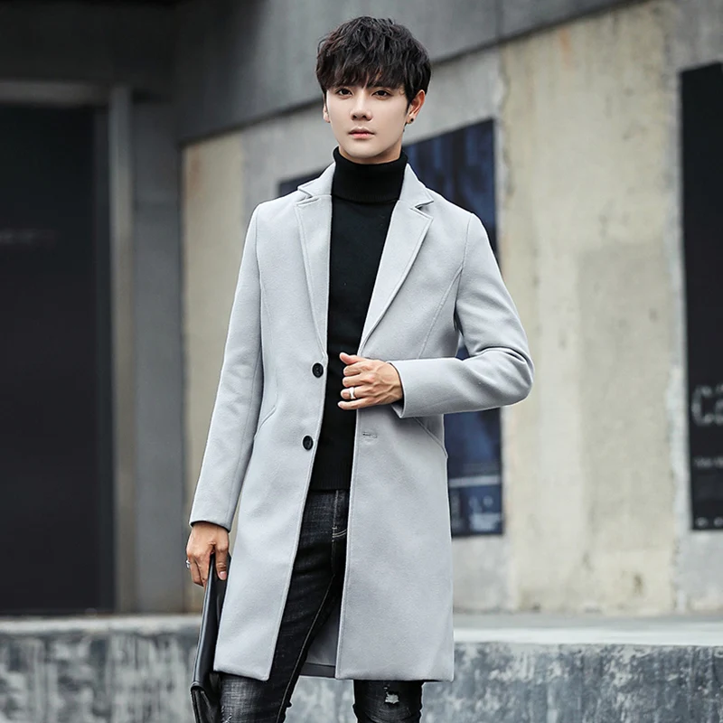

Autumn and winter men's long trench coat, Slim Korean fashion wool coat, large size casual business solid color men's jacket-5XL