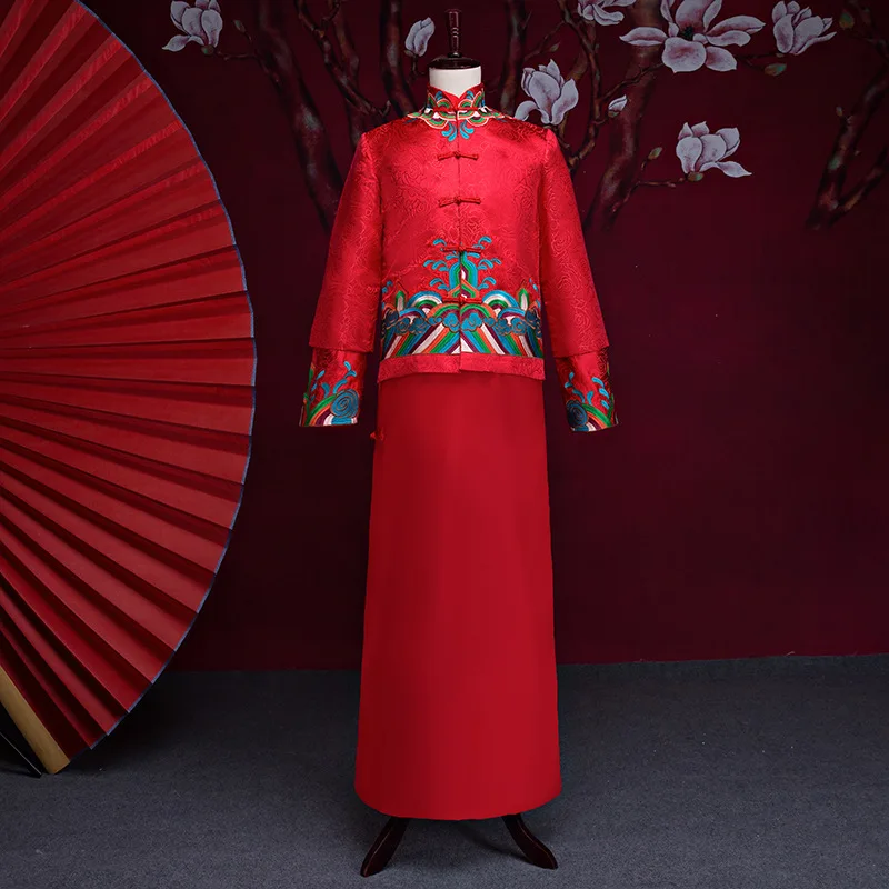 Красный Древние китайские костюм жениха костюм Восточный Для мужчин вышивкой свадебная одежда Винтаж мужские свадебные халат платье