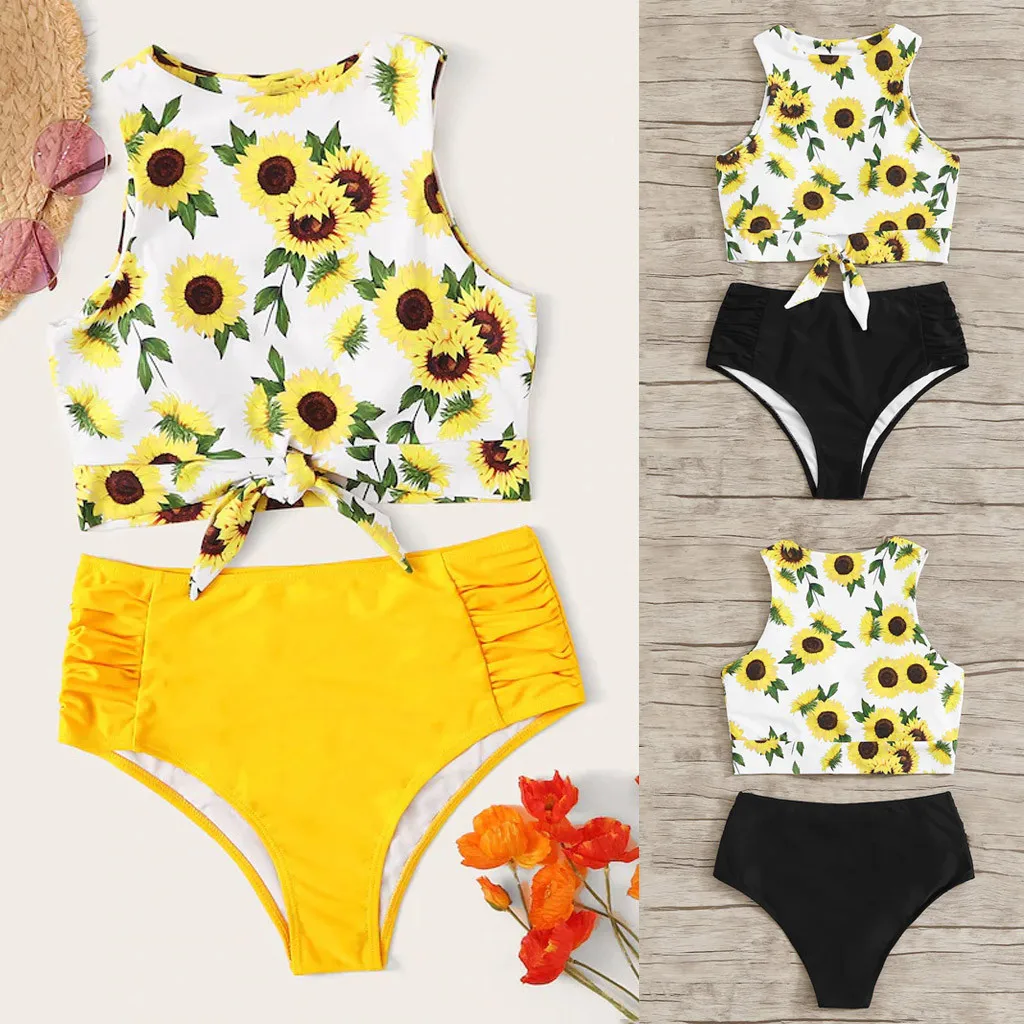 

swimsuit bikini women's swimming suit swimwear women Bikini Set Two Piece Knot Front Crop Top Swimsuit with Floral Bottom