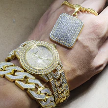 Karopel мужские холодные хип-хоп золотые часы с фианитами и полным ледяным ожерельем и браслетом комбинированный набор